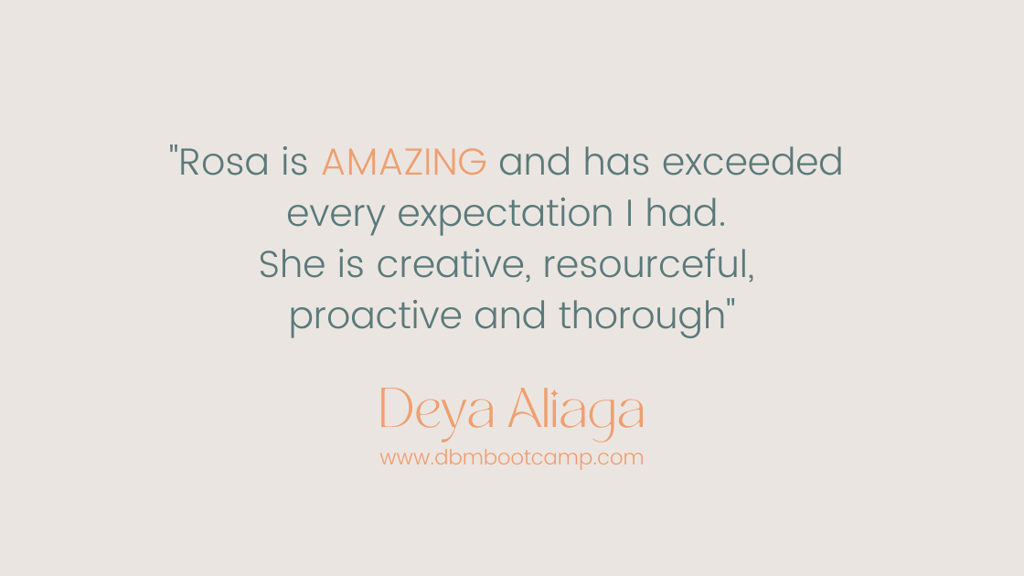 Graphic with a testimonial from Deya Aliaga, past client, founder of the DBM Bootcamp