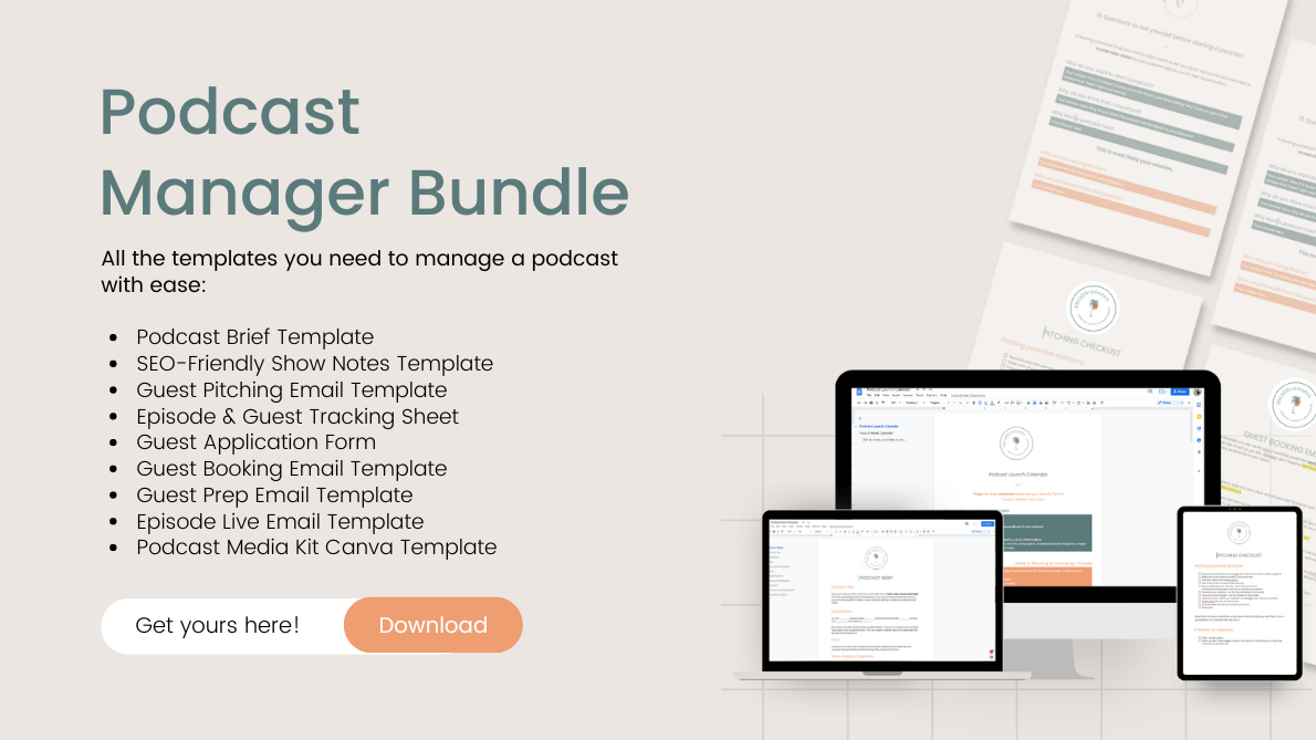 Promotional image with mockup of the Podcast Manager Bundle. Click to learn more about template included.