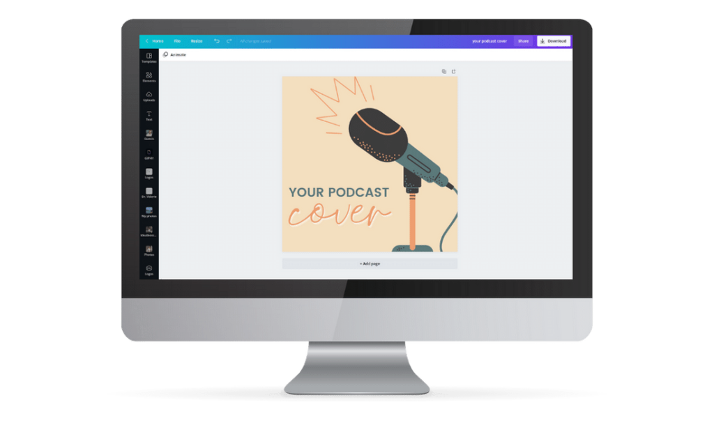Image of a desktop showing a podcast cover design on Canva