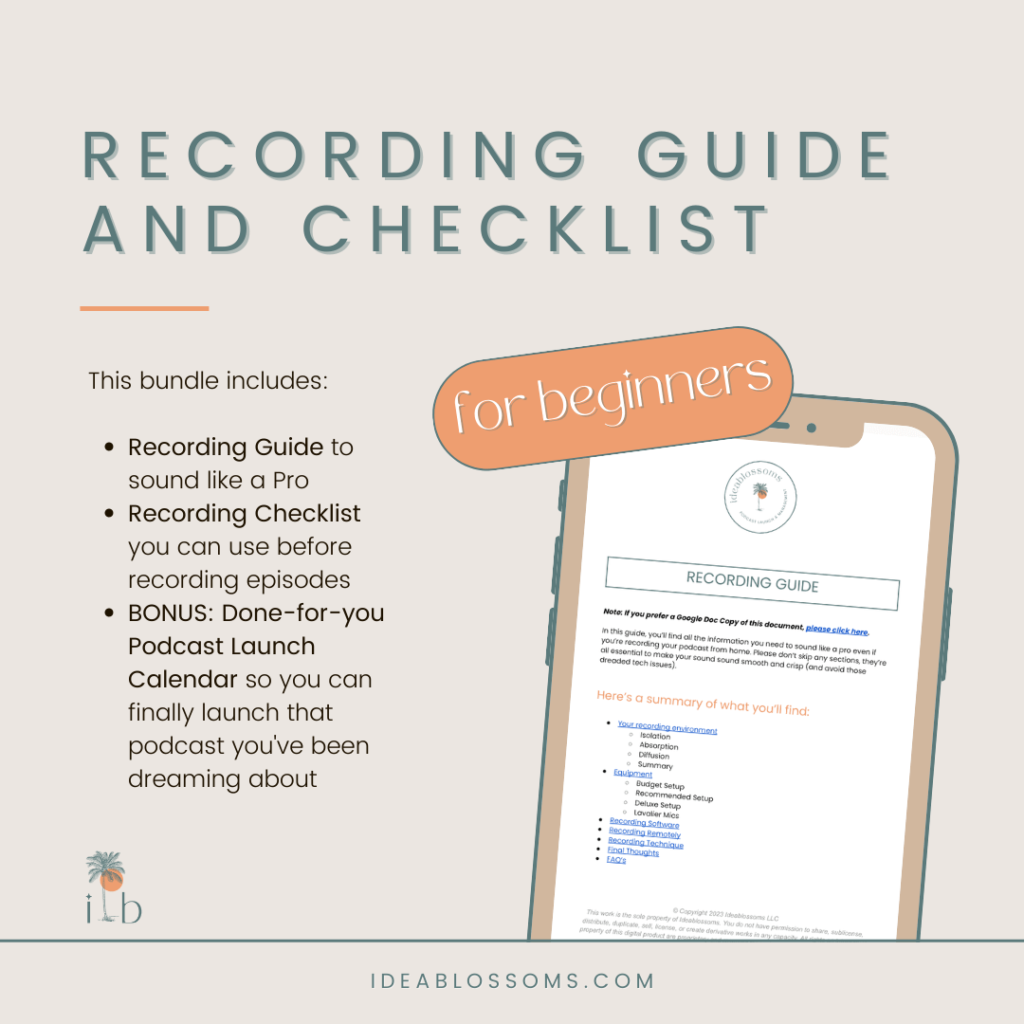 Graphic illustrating what's included in this product, the Recording Guide and Checklist for beginner podcasters