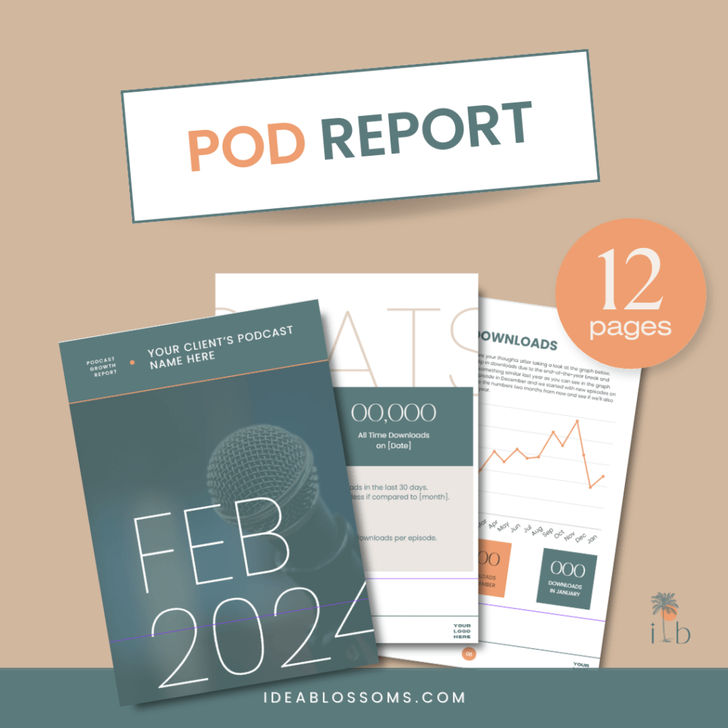 Square graphic with the title POD REPORT and a mockup of the first 3 pages of Ideablossoms' podcast report template (total of 12 pages designed on Canva)