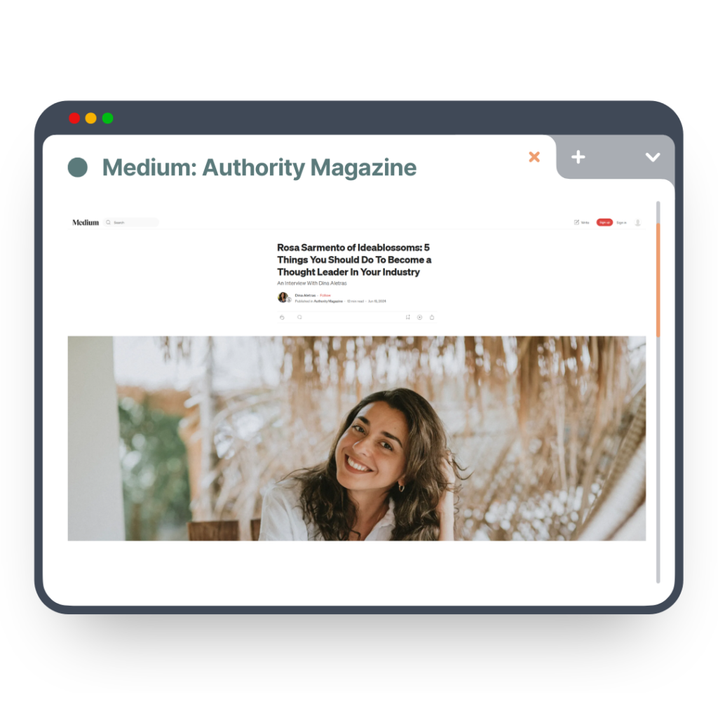 Image of a macbook browser open with the article "Rosa Sarmento of Ideablossoms: 5 Things You Should Do To Become a Thought Leader In Your Industry"