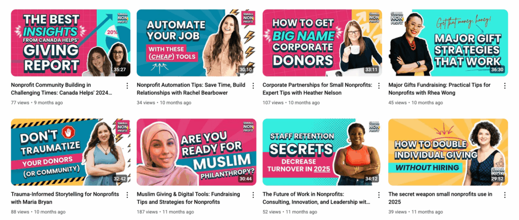 A grid of optimized YouTube thumbnails from The Small Nonprofit channel after the podcast audit. Thumbnails use bold, colorful backgrounds with large, high-contrast text and engaging phrases like “Major Gift Strategies That Work” and “Staff Retention Secrets.” Guest photos are clear, and design elements (arrows, highlights, bold fonts) make each thumbnail stand out in the feed.
