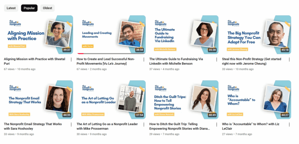A grid of YouTube thumbnails from The Small Nonprofit channel before optimization. Each thumbnail has a white and blue template with small text and guest headshots, making them look similar and harder to distinguish. Titles are lengthy, such as “The Nonprofit Email Strategy That Works” and “How to Ditch the Guilt Trip: Telling Empowering Nonprofit Stories.”
