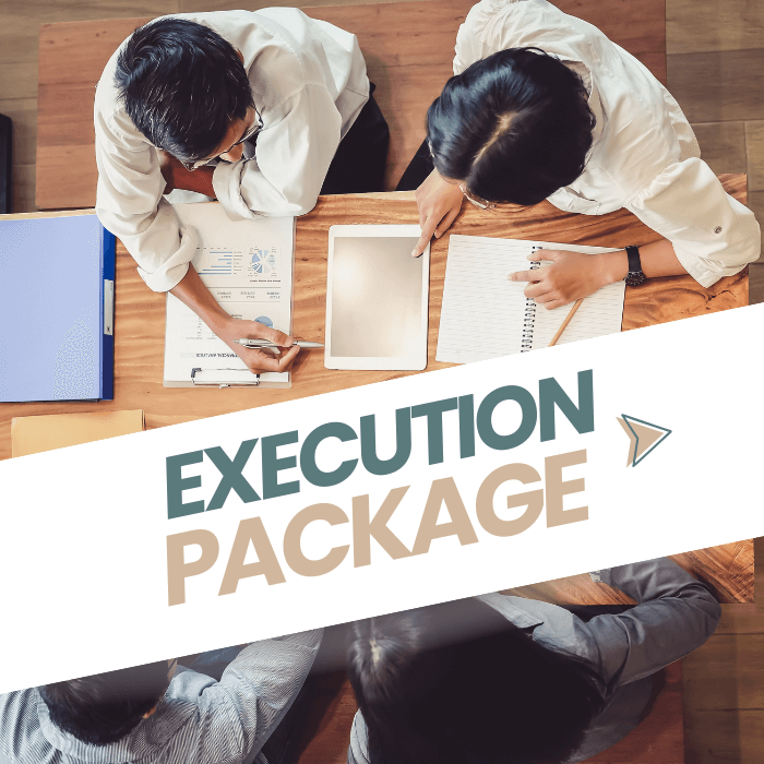 Overhead view of three people working together at a wooden table with documents, a tablet, and notebooks. Overlaid text reads “Execution Package” with a small arrow icon.