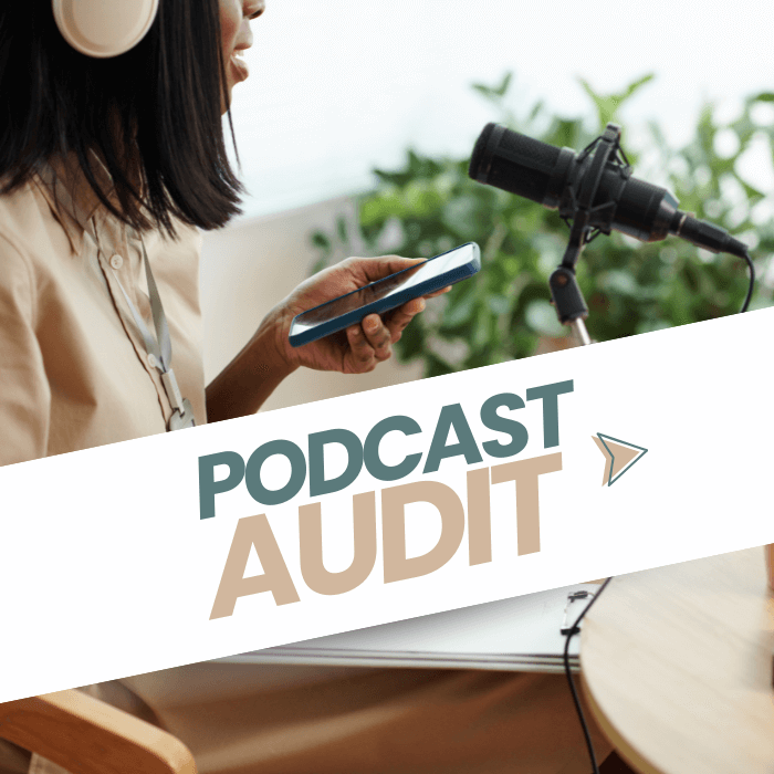 A woman wearing headphones speaks into a microphone while holding a smartphone, with papers on the desk in front of her. Overlaid text reads “Podcast Audit” with a small arrow icon.